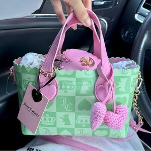 💖 Juicy Couture Pink and mint Green Heart Checkerboard Tote Bag with Coin Purse